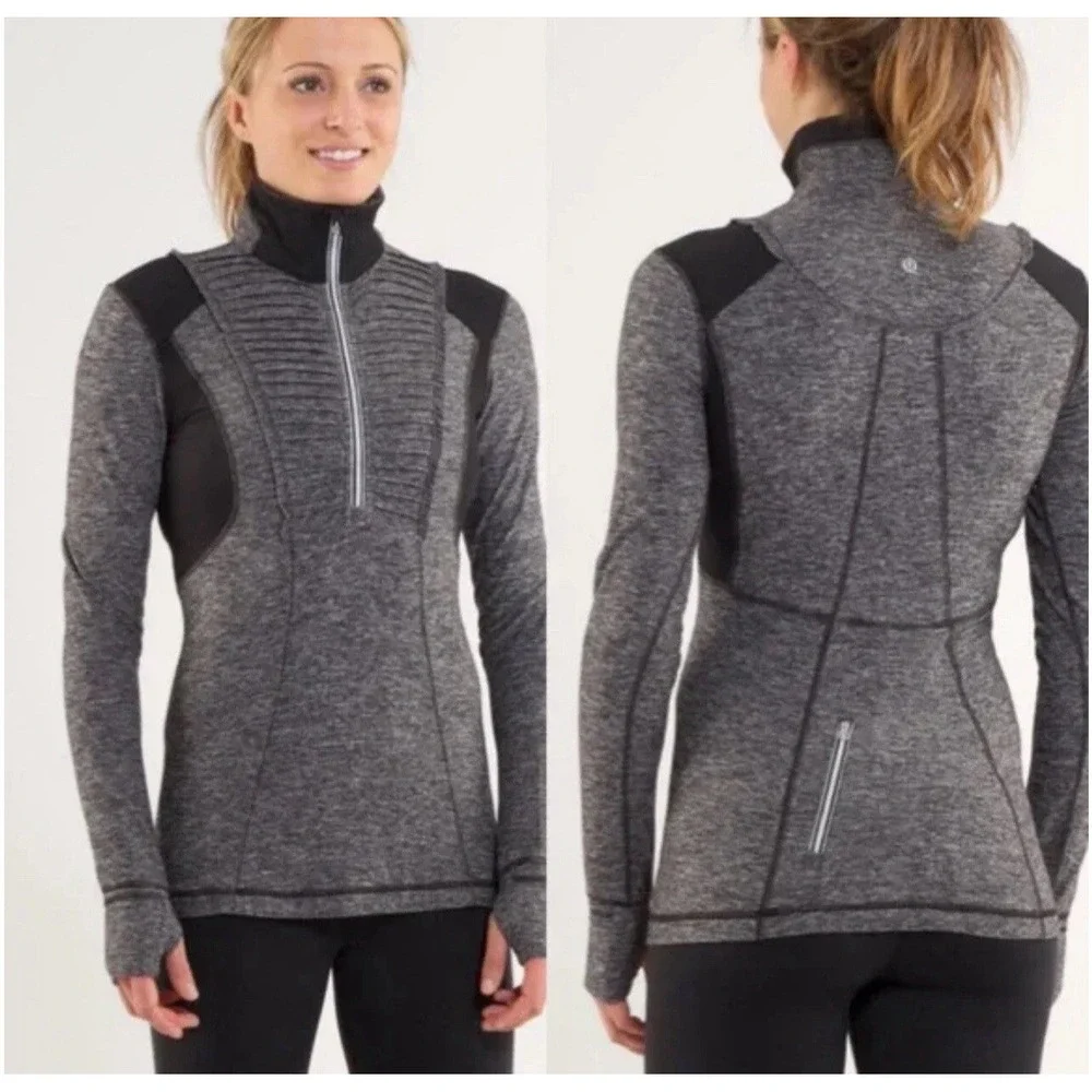 Lululemon Run Your Heart Out Pullover Women's 6 Gray Black‎  1/2 Zip Hand Covers
